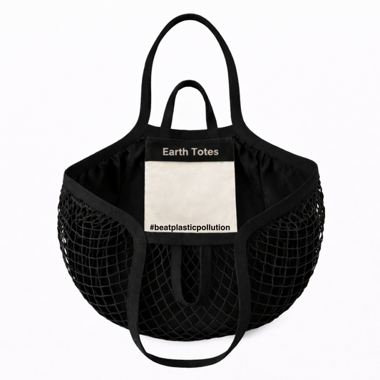 Black mesh tote bag with 'Earth Totes' label on a white background