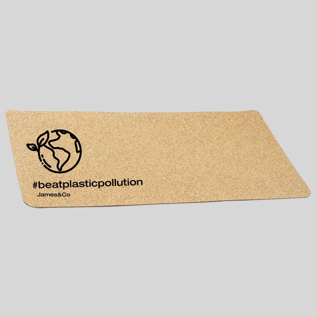 cork desk mat with tag #beatplasticpollution, eco globe image, logo MATTY