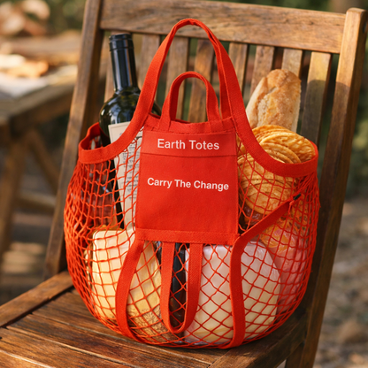 Red mesh tote bag with groceries on a wooden chair, featuring 'Earth Totes Carry The Change' text.
