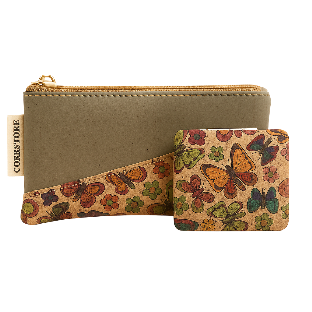 Eco-friendly cork purse and compact mirror set – plastic-free and vegan