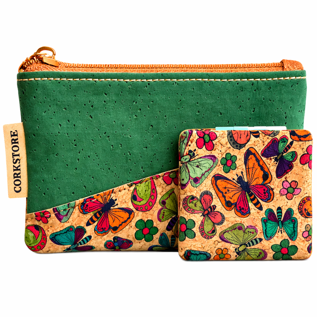 Green cork pouch with a colorful butterfly patterned mirror on a white background