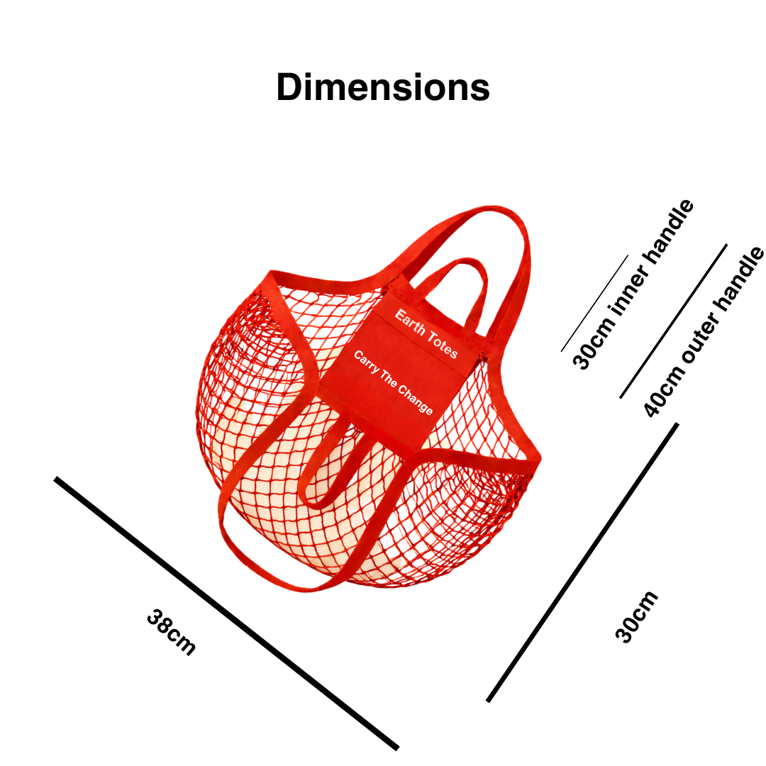 Red mesh tote bag Earth Totes with dimensions