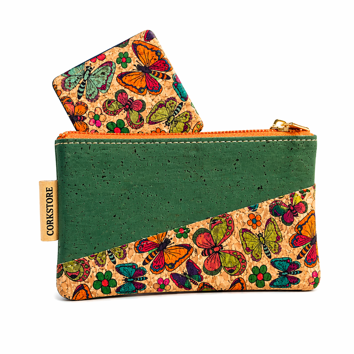 CONNIE compact mirror inserted into cork cosmetic bag pouch — FSC cork natural