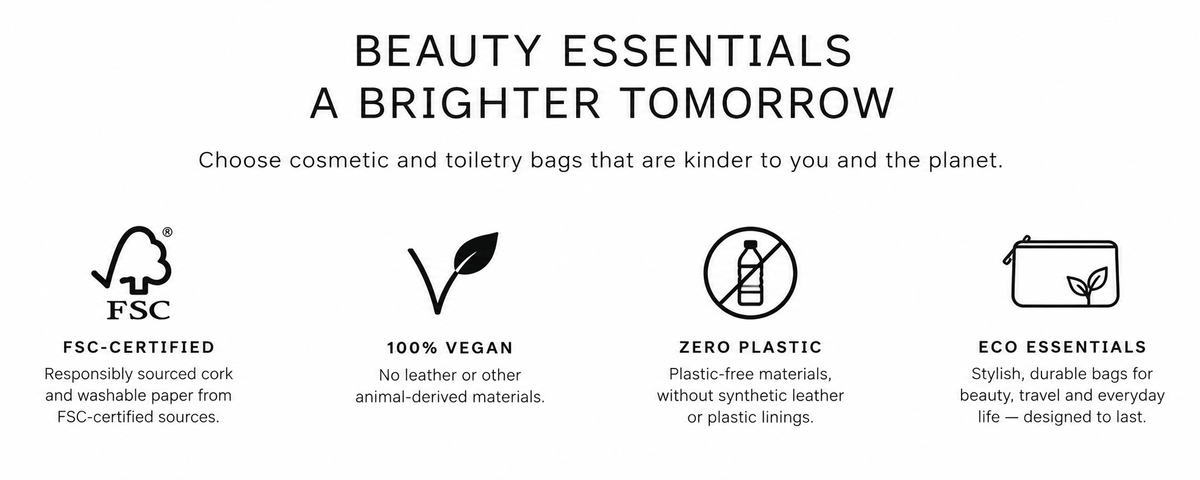 A promotional graphic with the headline 'BEAUTY ESSENTIALS A BRIGHTER TOMORROW' above four feature icons and text: FSC-certified, 100% vegan, zero plastic, and eco essentials. No actual product is shown.