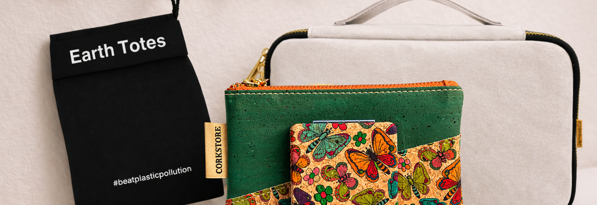 James&Co branded toiletries travel and cosmetics bags Earth Totes, CORKSTORE, James&Co