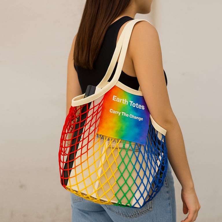 image of woman carrying Earth Totes rainbow colour mesh tote bag with bags in the bag