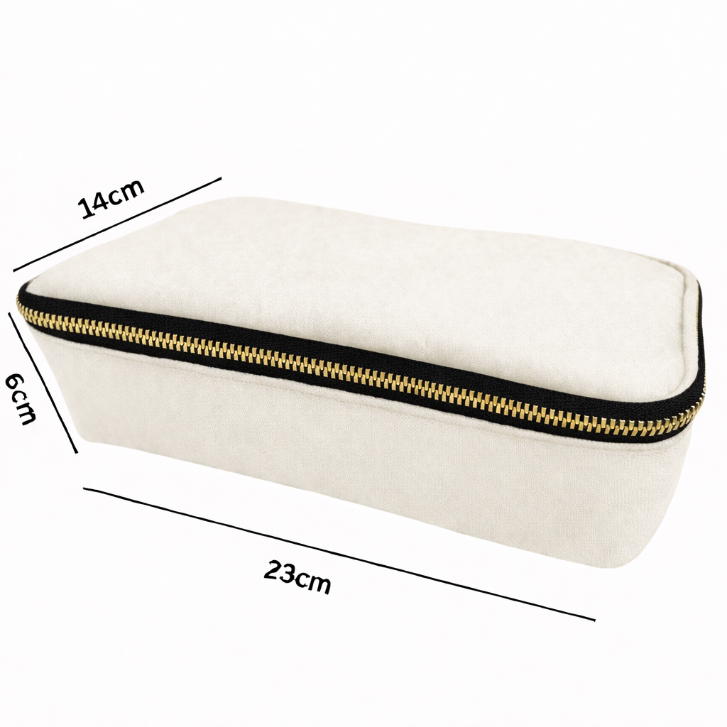 MERRY sustainable cosmetic bag showing dimensions — washable paper medium off-white