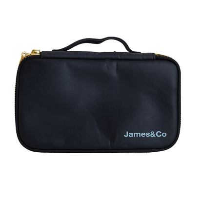 Black travel case with 'James&Co' branding on a white background