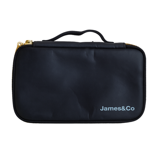 Black travel case with 'James&Co' branding on a white background