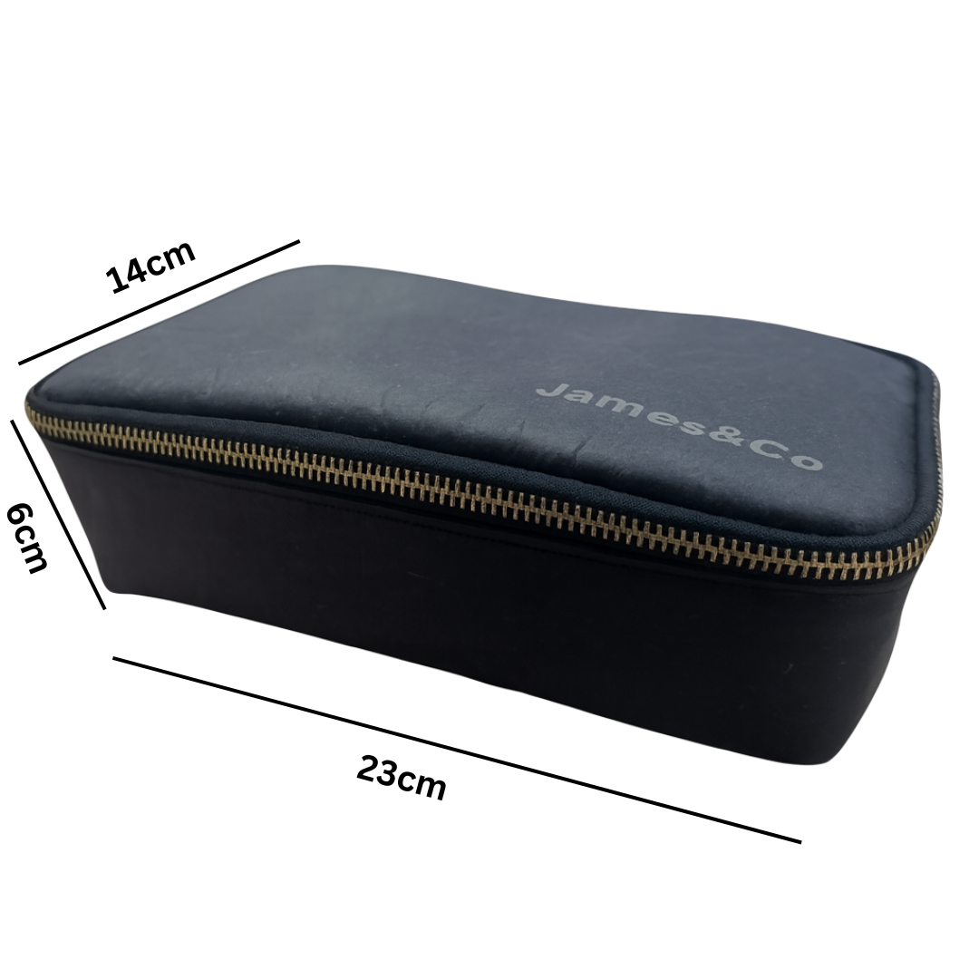 Black rectangular pouch with gold zipper and 'James & Co' branding, shown with measurements on a white background.