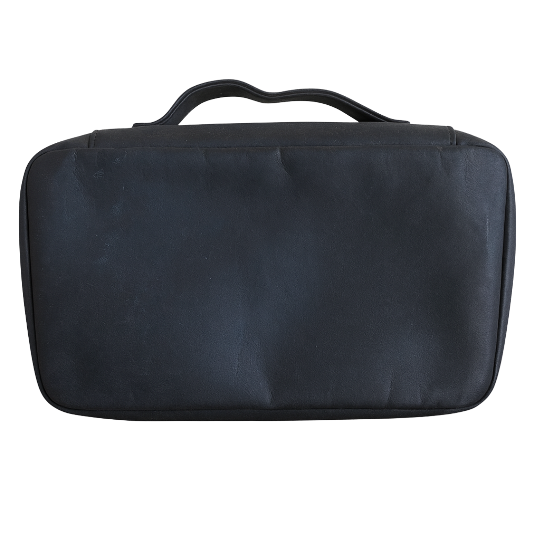 Black toiletry bag on a white background
