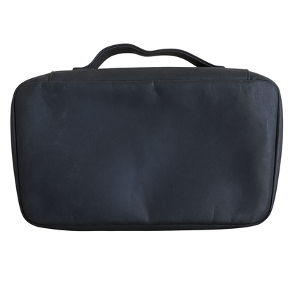 Black toiletry bag on a white background