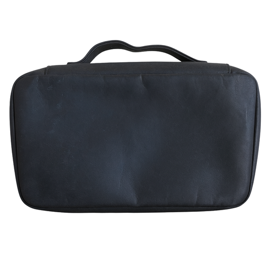 Black toiletry bag on a white background