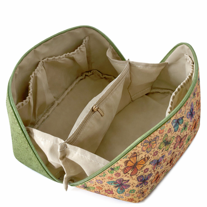 Cork toiletry bag with butterfly pattern open showing inside cotton lining