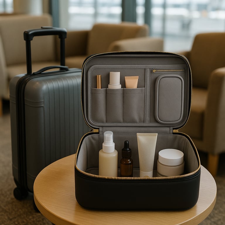 MERRY sustainable cosmetic bag open with skincare products on wooden table — washable paper khaki