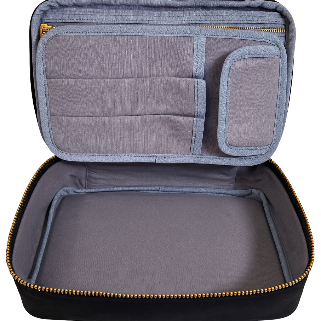 MERRY sustainable cosmetic bag open showing internal compartments — washable paper khaki