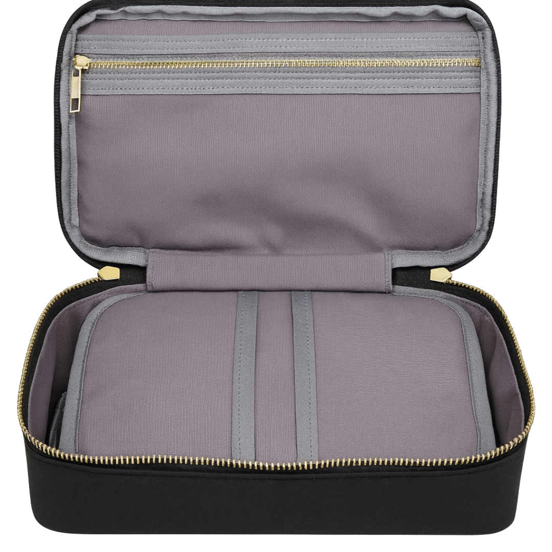 MERRY sustainable cosmetic bag open showing interior lining — washable paper khaki
