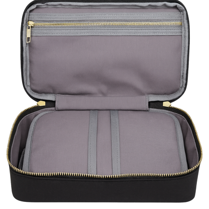 MERRY sustainable cosmetic bag open showing interior lining — washable paper khaki