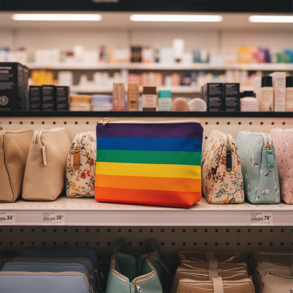 Rainbow striped Earth Totes cosmetic pouch on a store shelf with other bags in the background