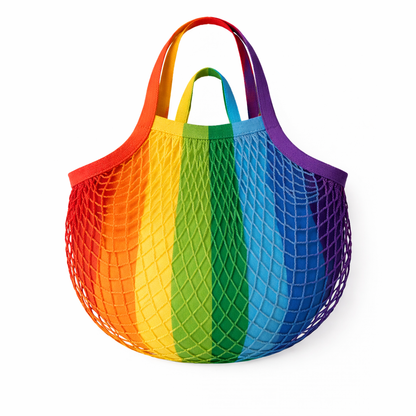 Rainbow mesh tote bag with rainbow lining dual handles inside pocket 