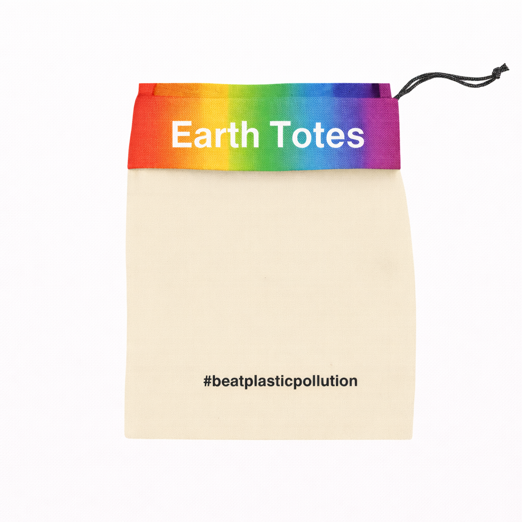 Beige drawstring bag with rainbow top section displaying 'Earth Totes' and '#beatplasticpollution' 