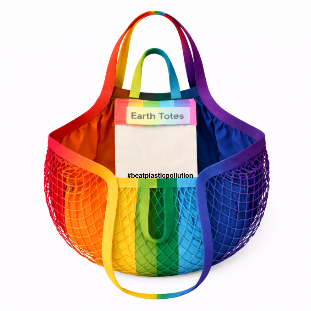 Rainbow-colored mesh tote bag w rainbow cotton lining inside pocket with 'Earth Totes' 