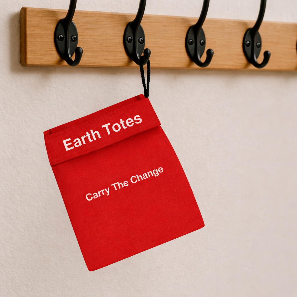 Red inner pocket of red mesh tote bag with 'Earth Totes Carry The Change' text hanging on a wooden hook rack.