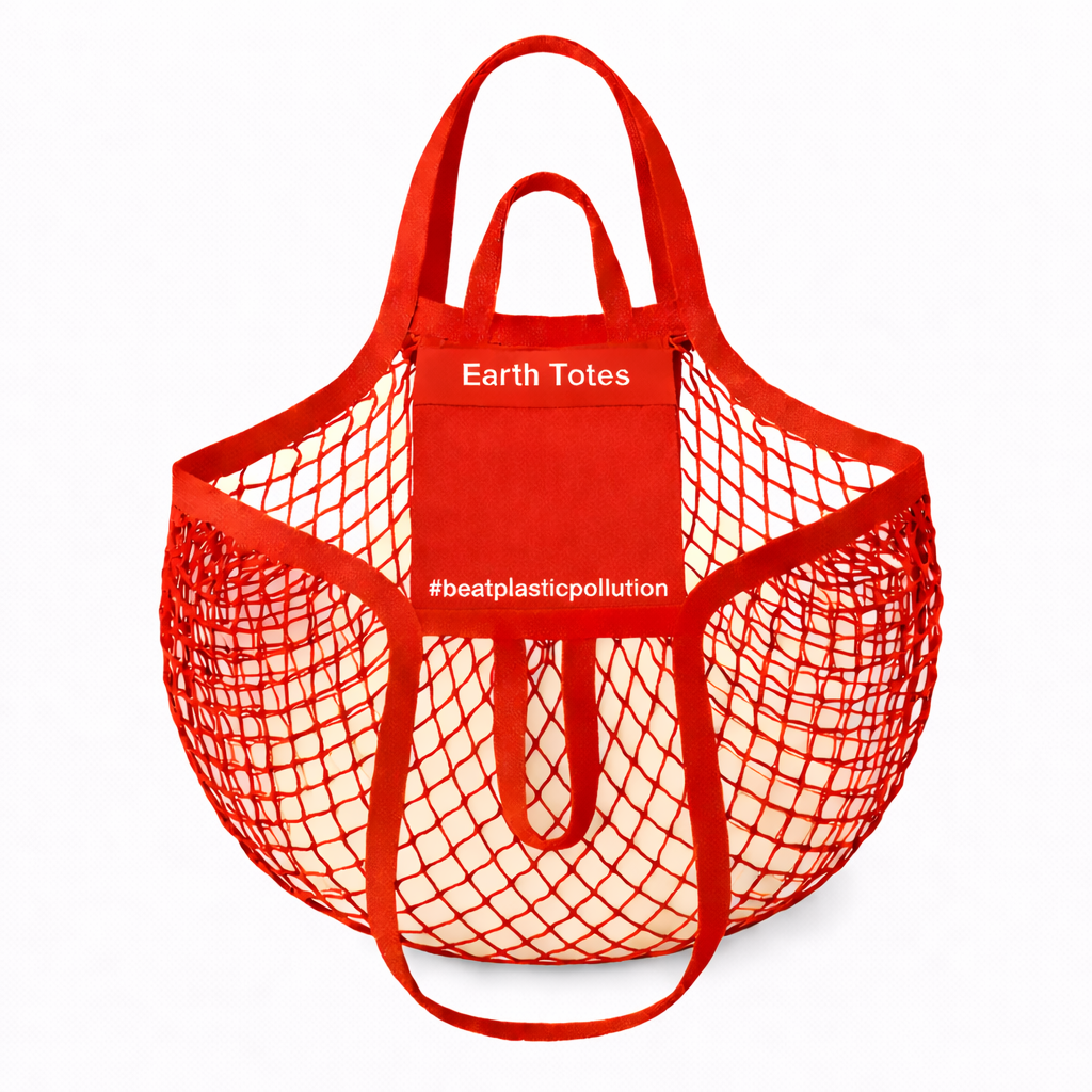 Red mesh tote bag with a visible brand logo on a white background