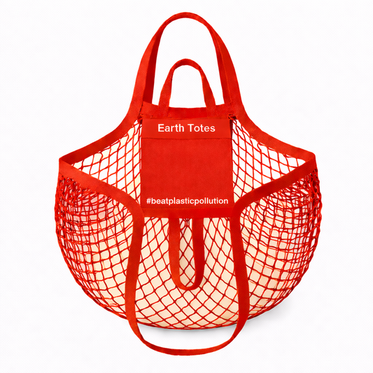 Red mesh tote bag with a visible brand logo on a white background