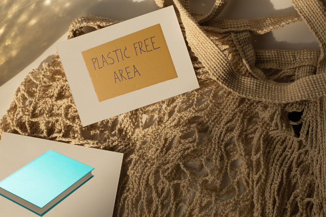 string bag with sign PLASTIC FREE AREA on top