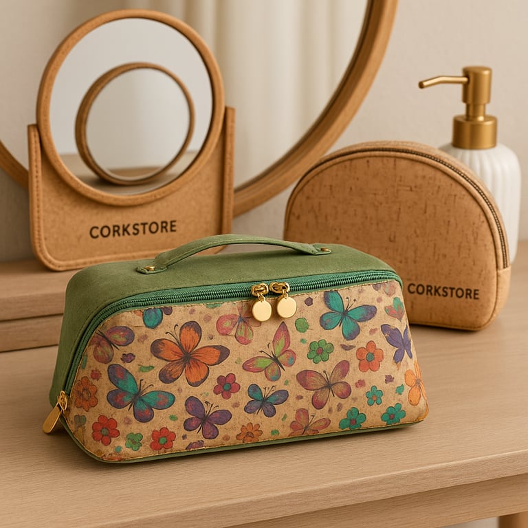 Cosmetic bag MARY with butterfly design on a cork surface, with 'Corkstore' branding.