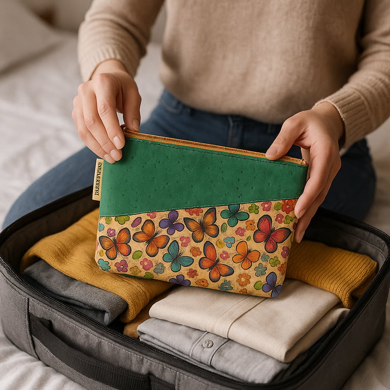 ANNIE sustainable cosmetic bag being packed into suitcase — FSC cork medium natural