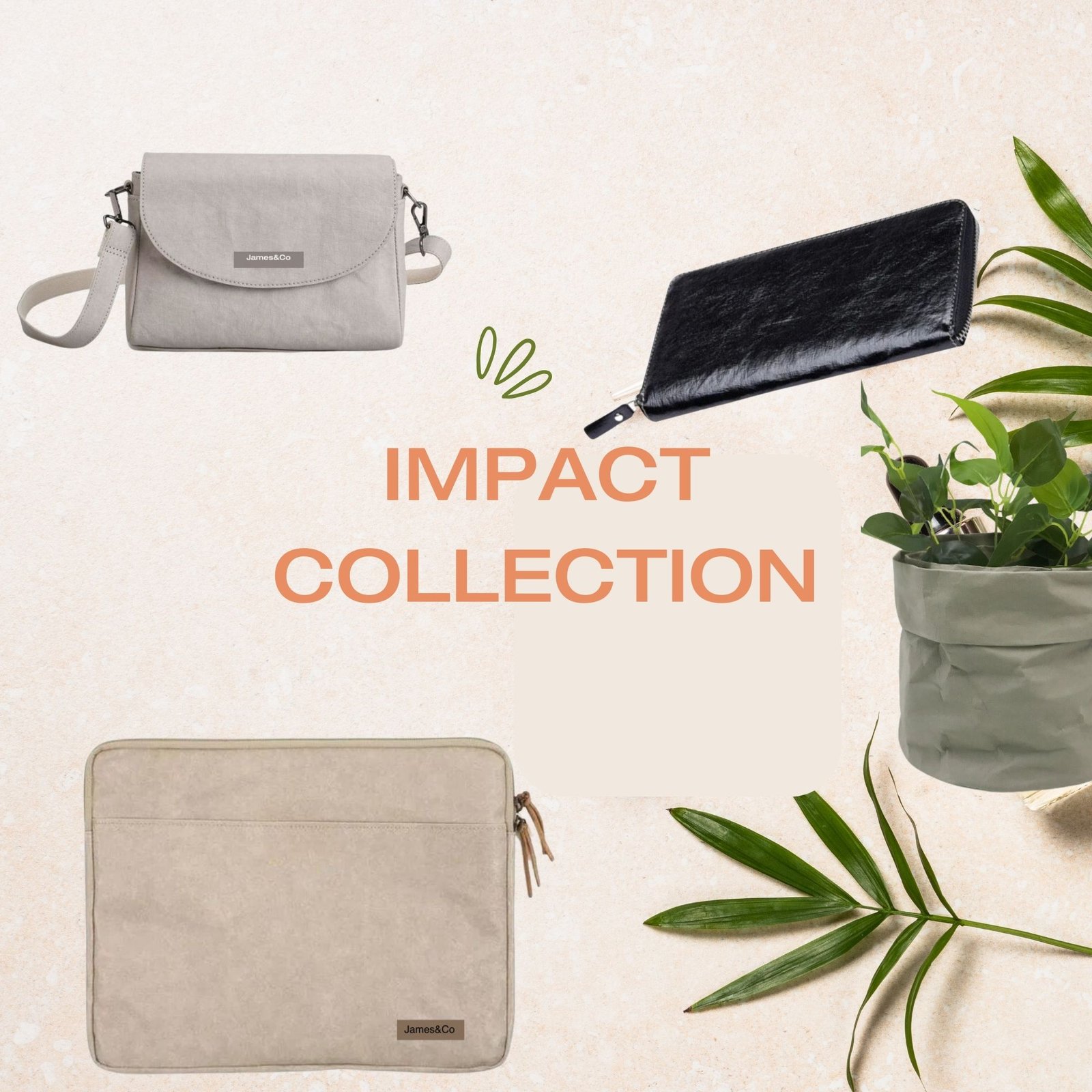 products made with Kraft Tex plant-based leather look in the Impact Collection